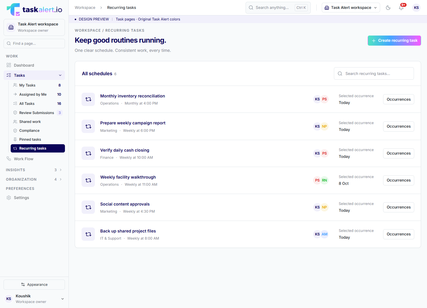 TaskAlert recurring tasks sample workspace