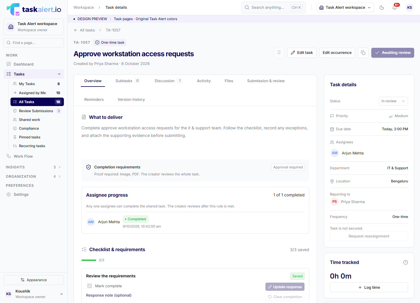 IT access request with task requirements, ownership and review status