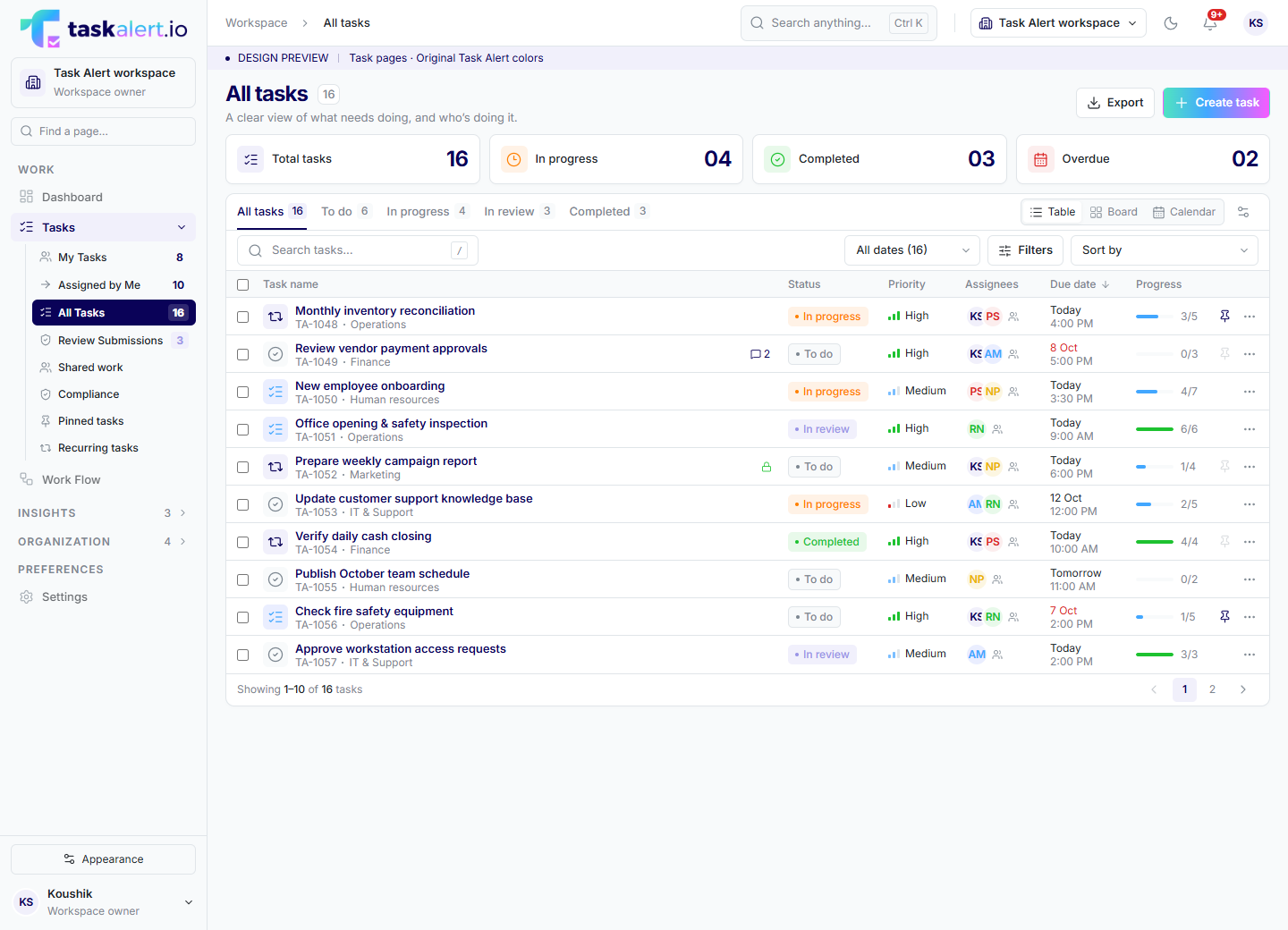 TaskAlert task list sample workspace