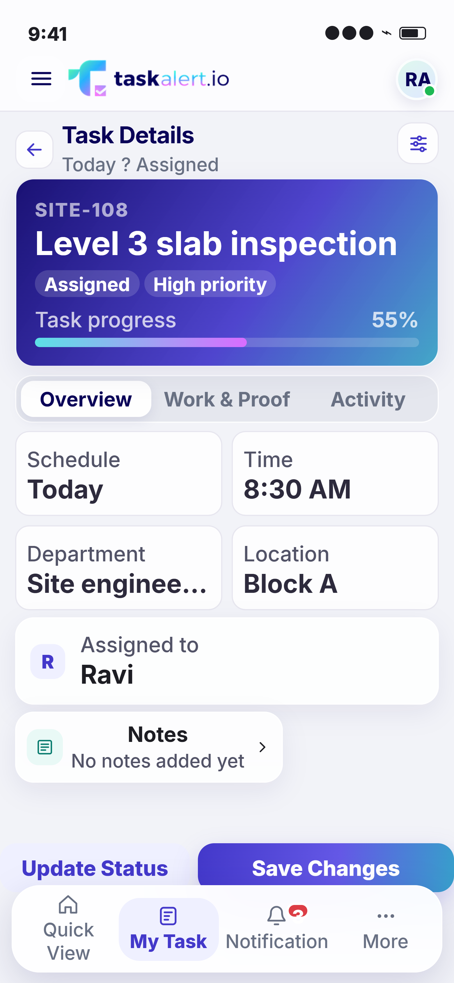 TaskAlert mobile source-project preview: Level 3 slab inspection, Assigned, task overview and requirements. Fictional construction task.