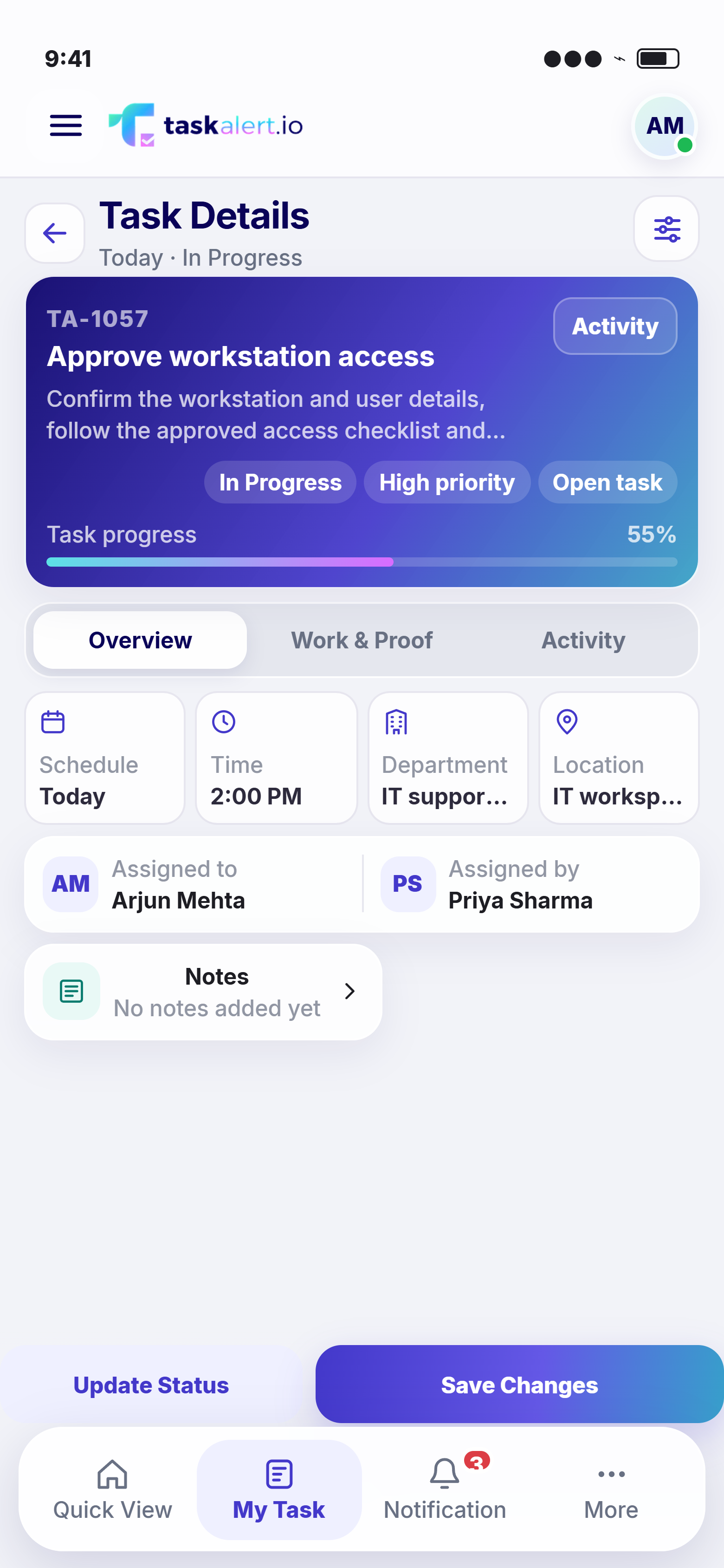 TaskAlert mobile Approve workstation access, assigned — source-project screen prototype with fictional IT data