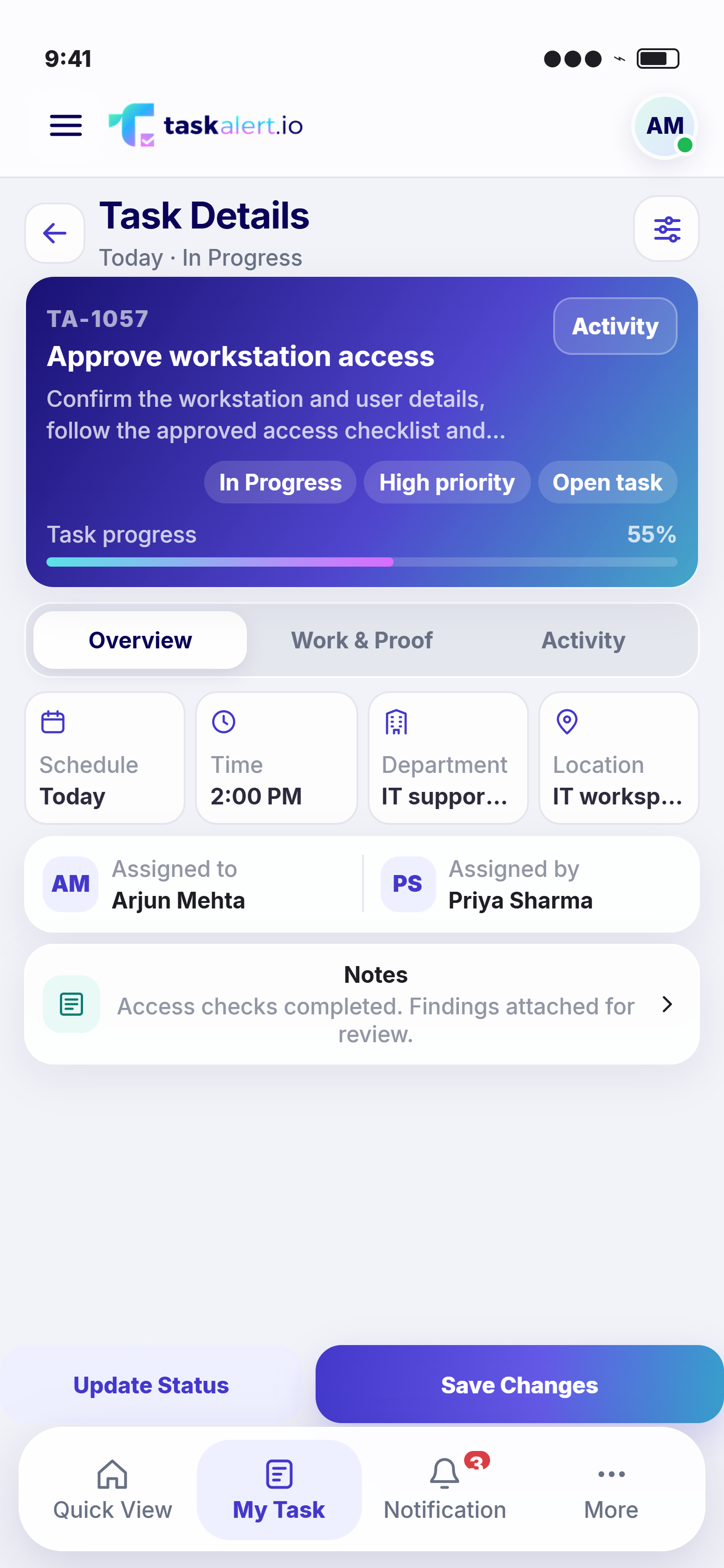 TaskAlert mobile Approve workstation access, reported — source-project screen prototype with fictional IT data