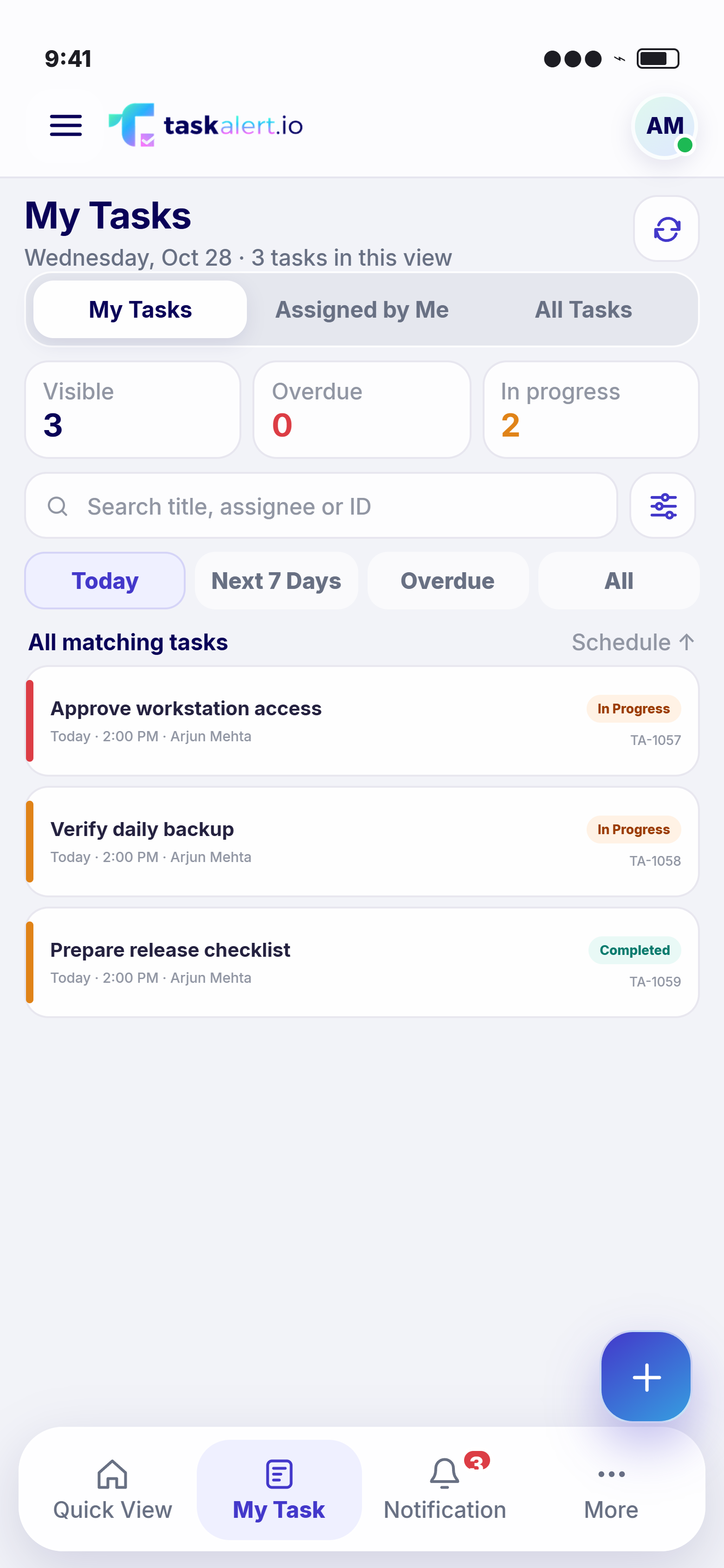 TaskAlert mobile task list — source-project screen prototype with fictional IT data