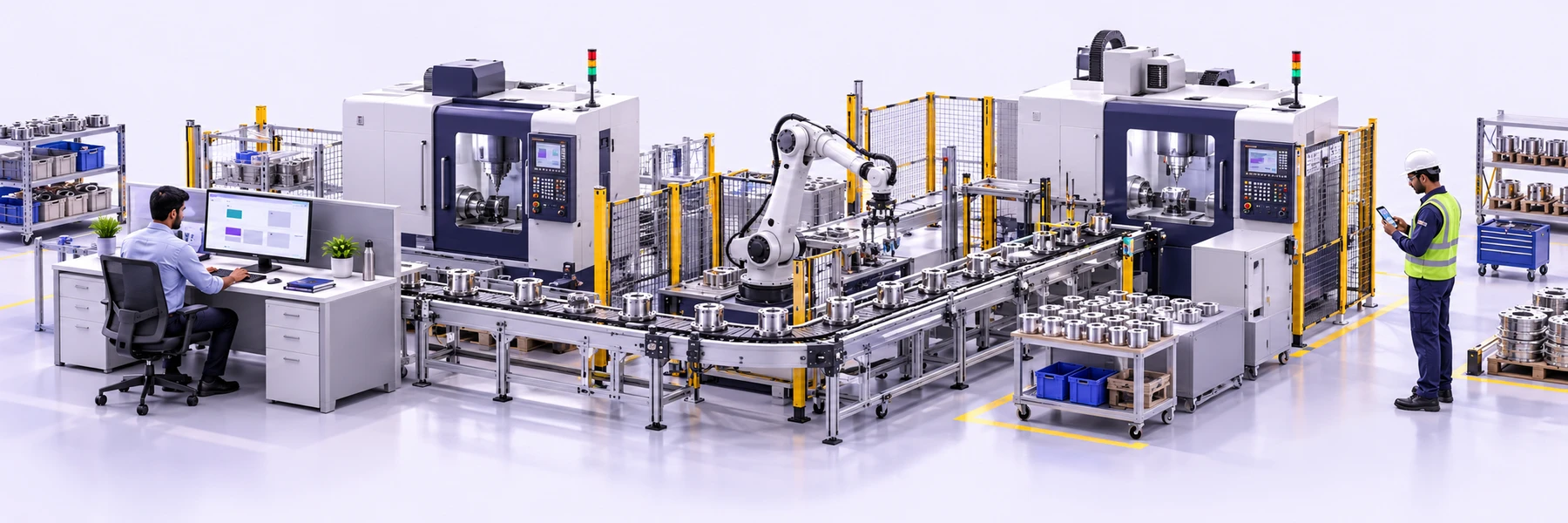 Illustration of a manufacturing line with CNC machines, a desktop production planner and a technician checking work on a phone