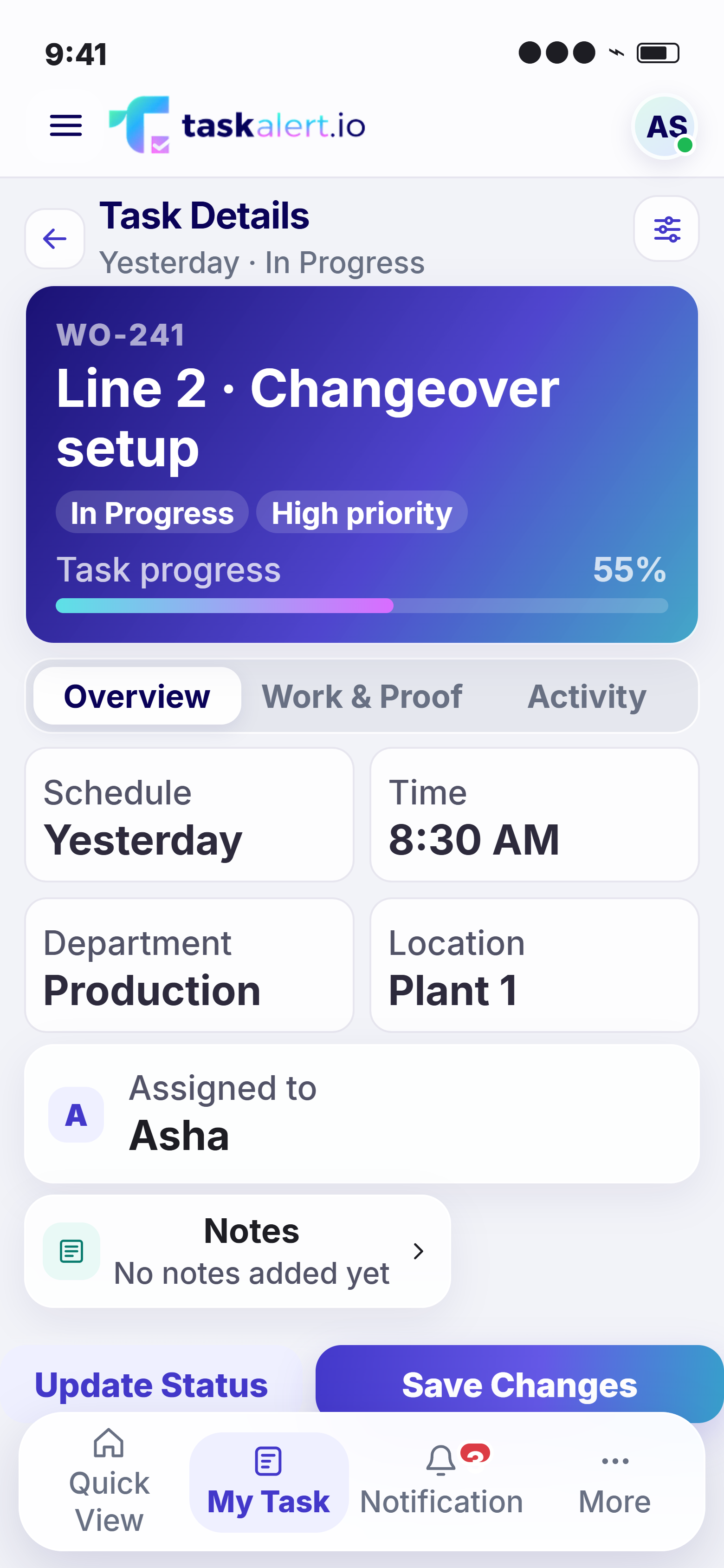 TaskAlert mobile line 2 · changeover setup, assigned — source-project screen prototype with sample manufacturing data