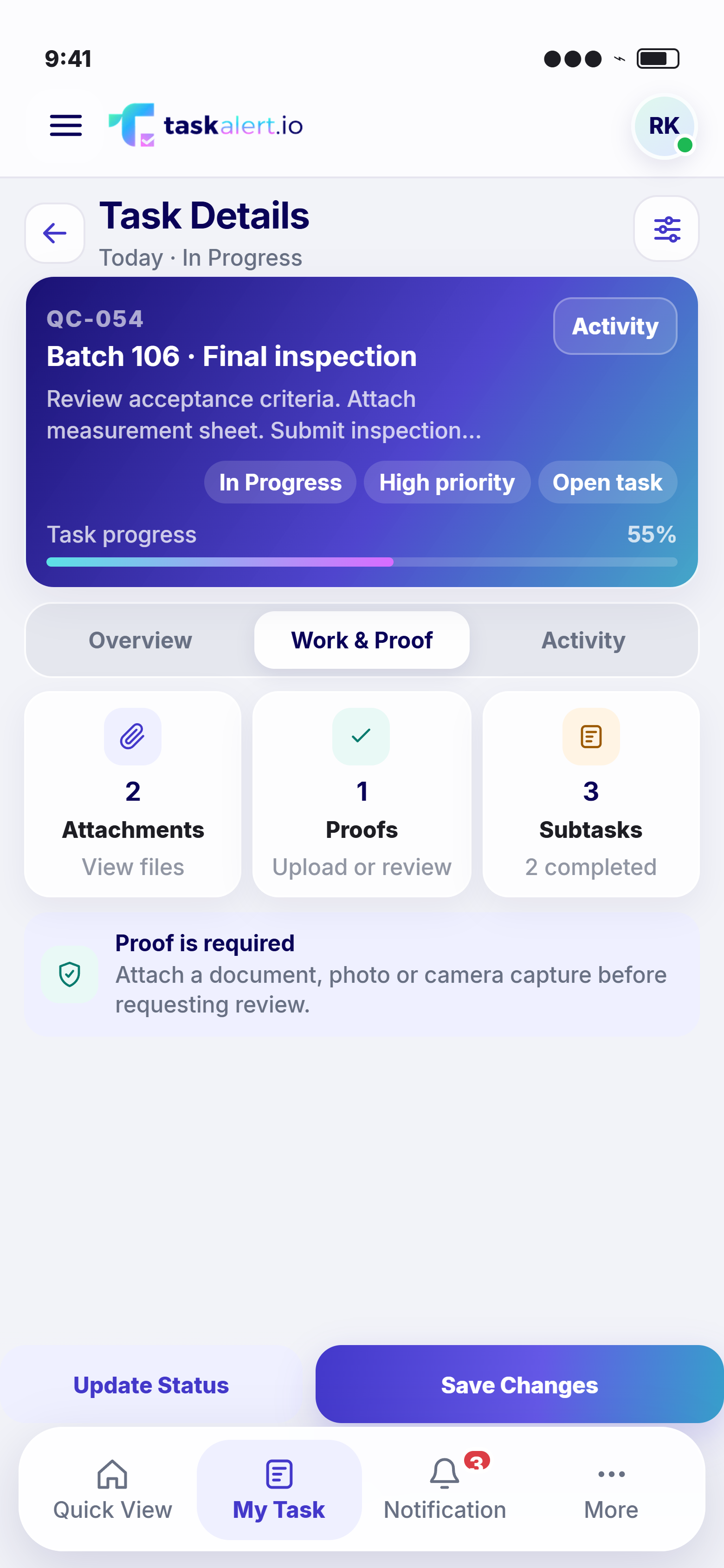 TaskAlert mobile inspection evidence — source-project screen prototype, sample manufacturing task